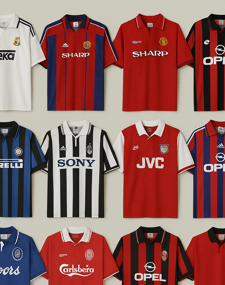 Collection of retro football kits with various brands on a gray background